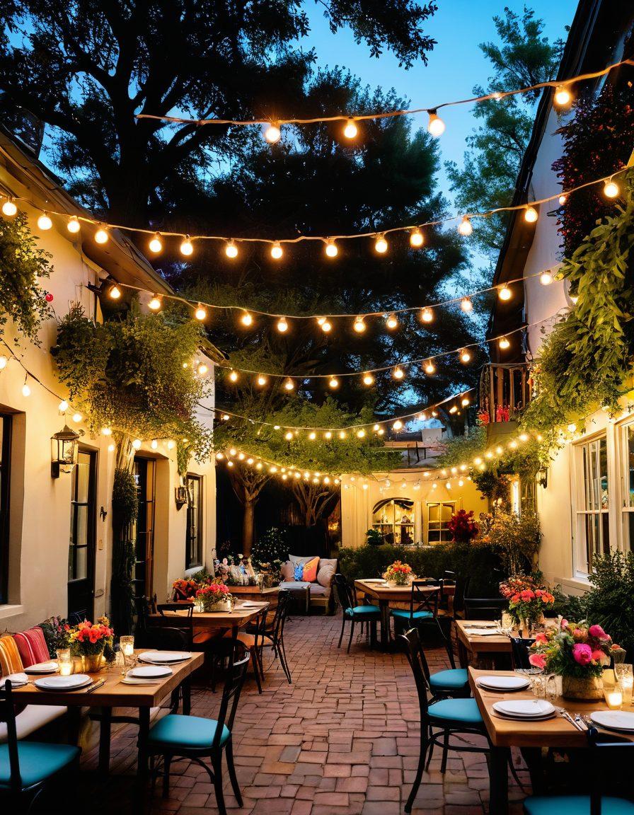 An enchanting courtyard filled with colorful flowers, cozy seating areas, and string lights above creating a warm ambiance. Diverse groups of happy people enjoying a cheerful gathering, sharing food and laughter, with tables adorned with vibrant decorations. Soft sunlight filters through the trees, enhancing the blissful atmosphere. The scene conveys warmth, joy, and togetherness in an outdoor setting. vibrant colors. super-realistic.