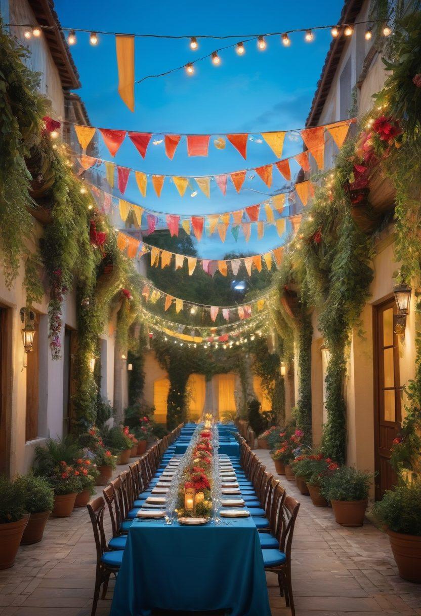 A beautifully arranged courtyard featuring a vibrant celebration setup with colorful decorations, twinkling fairy lights, and a long banquet table adorned with floral centerpieces. Include happy guests mingling and enjoying the event, with a backdrop of lush greenery and a blue sky. The atmosphere should radiate joy and festivity, capturing the essence of a perfect event. super-realistic. vibrant colors. 3D.